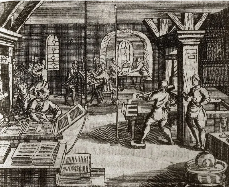 Engraving of the invention of the printing press (moveable type) by Johann Gutenberg, from BILDER SAALS, 1695.