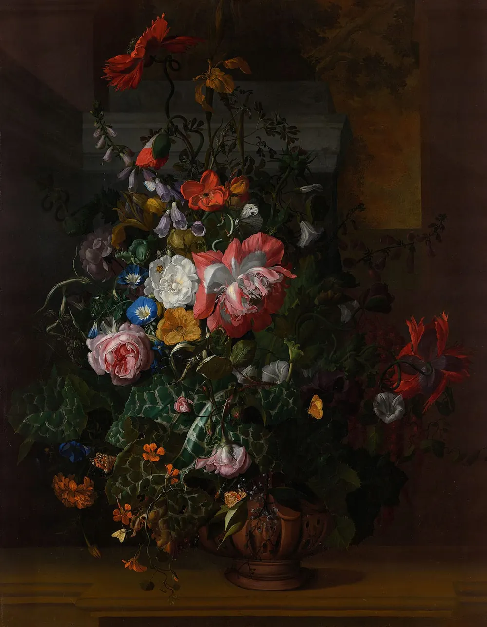 Rosas, convolvulus, amapolas y otras flores en una urna sobre una repisa de piedra, Rachel Ruysch, 1680.