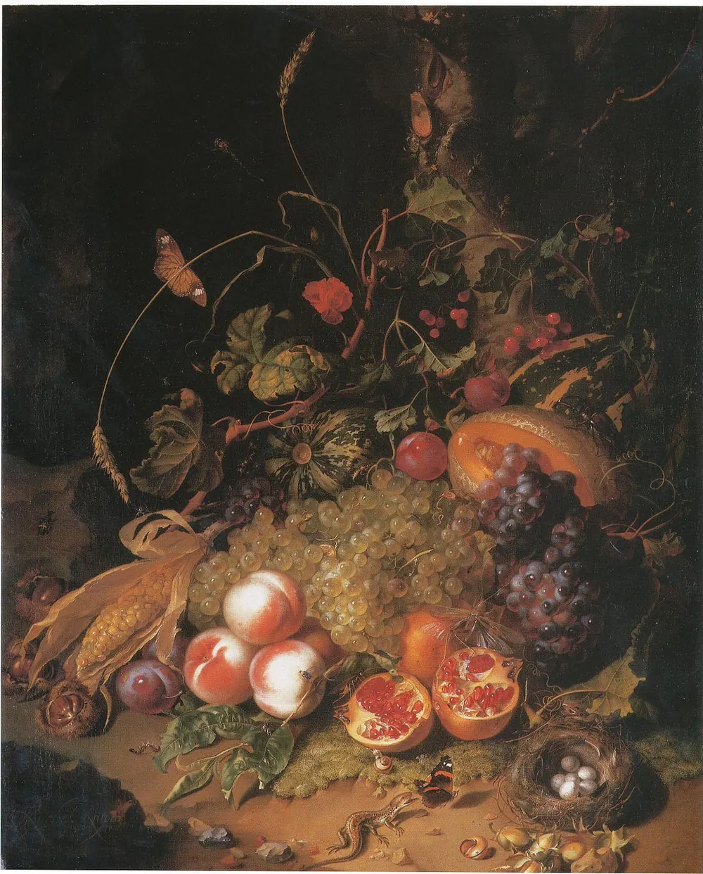 Naturaleza muerta con frutas, un nido y un lagarto, Rachel Ruysch, 1710.