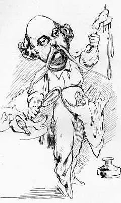 Caricatura en blanco y negro de Flaubert disecando a Madame Bovary.