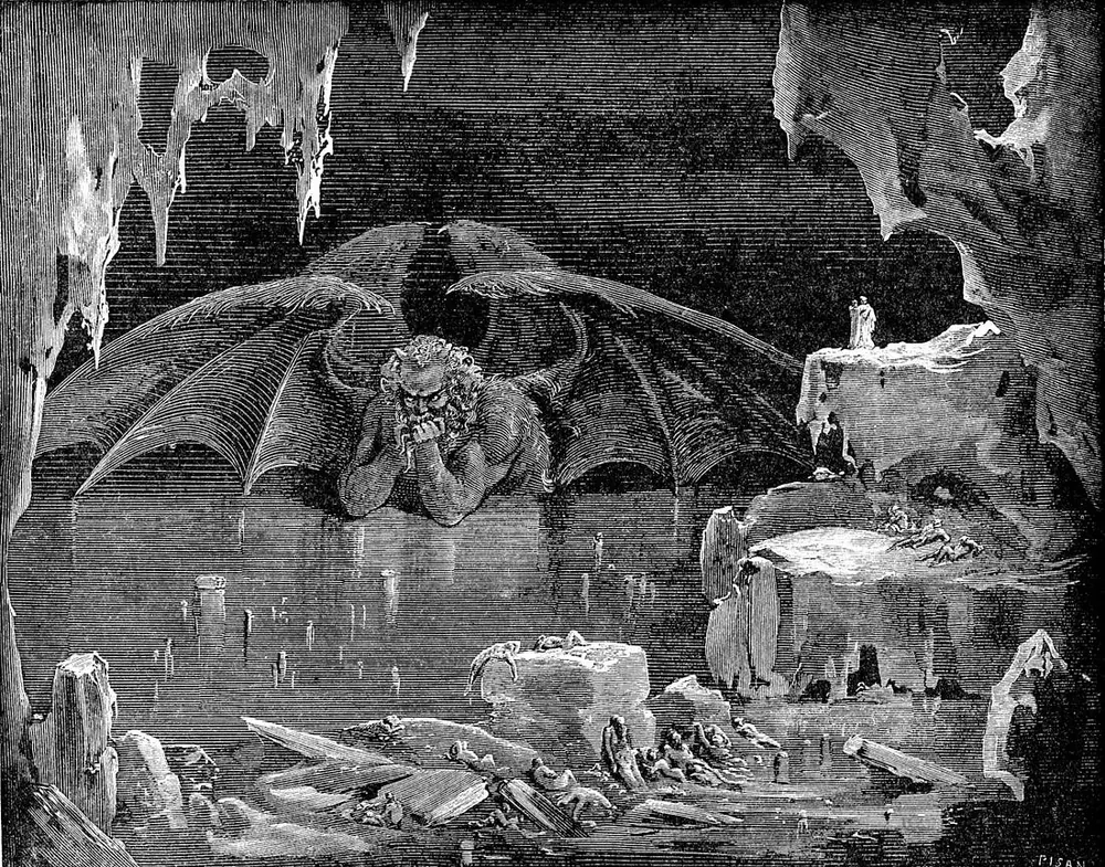 “Lucifer, Rey del Infierno” a todas luces aburrido de dirigir su Infierno, por Paul Gustave Doré, entre 1861 y 1868.