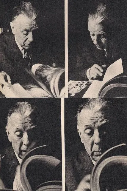 This may contain: four pictures of an old man reading a book